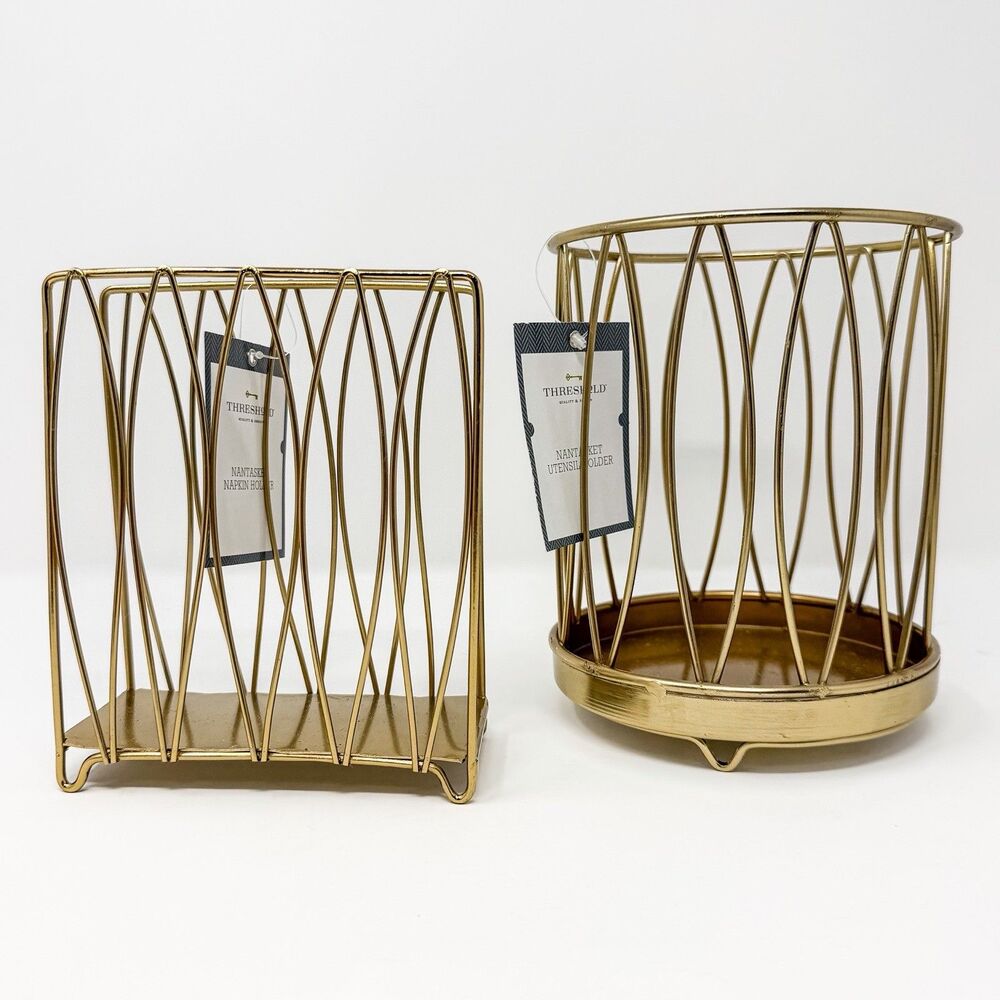 Threshold Gold Metal Napkin Holder & Utensil Caddy MCM Style Set NWT